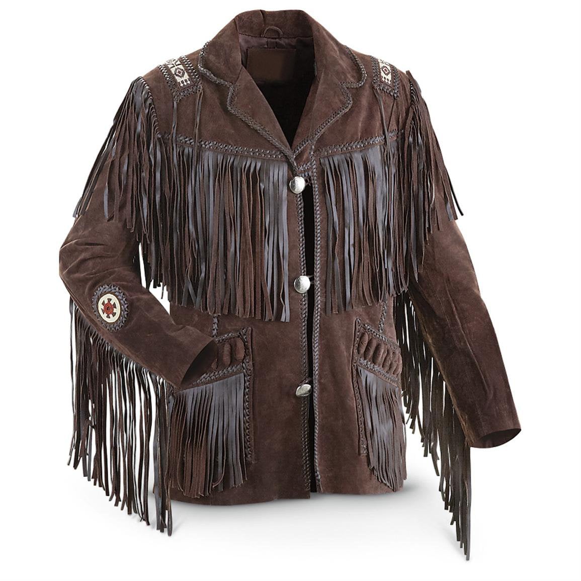 Men's Western Brown Buckskin Suede Leather Fringe Beaded Jacket WBJ12 ...