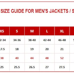 May include: A US size guide chart for jackets and shirts with red text and borders on a white background. The table lists size variations from XXS to 5XL, including measurements in inches for chest, shoulder, chest width, and sleeve length.