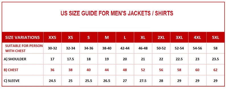 May include: A US size guide chart for jackets and shirts with red text and borders on a white background. The table lists size variations from XXS to 5XL, including measurements in inches for chest, shoulder, chest width, and sleeve length.