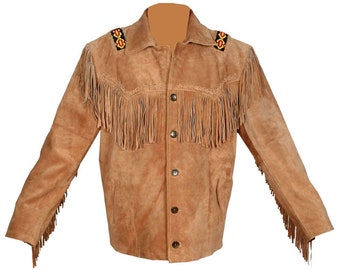 Men's Western Brown Buckskin Suede Leather Fringe Beaded Jacket WBJ497