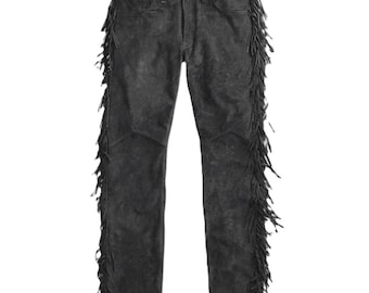 Men's New Red Buckskin Suede Leather Western Hippy Fringe Pants