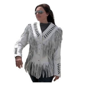 Cowgirl Western Buckskin White Leather Fringe Jacket With Bones and Studs For Woman WWJ1011