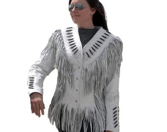 Cowgirl Western Buckskin White Leather Fringe Jacket With Bones and Studs For Woman WWJ1011