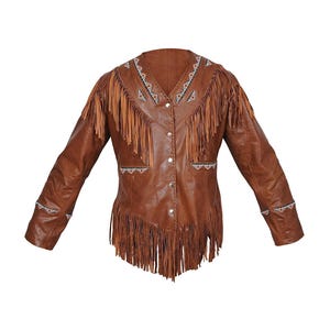 Cowgirl Western Brown Leather Fringe Jacket Beaded For Woman WWJ703