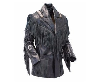 Men's Western Black Buckskin Leather Fringe Beaded Jacket WBL436