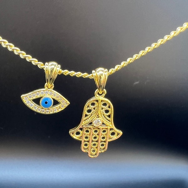 18k 18ct 50cm Gold Filled Chain, Necklace With Stunning Lucky Hamsa Hand And Evil Eye Pendant Ref:-1