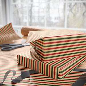 Retro Striped Christmas Wrapping Paper, Vintage, Holiday, Nostalgic, Grand Millennial, Timeless, Red and Green, Glossy, Pinstripe, Inspired