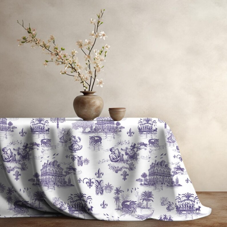 Purple Toile Du Jouy Mardi Gras Tablecloth | Dinner Party Tablecloth | Rectangle Hosting Tablecloth | Toile Pattern Gift