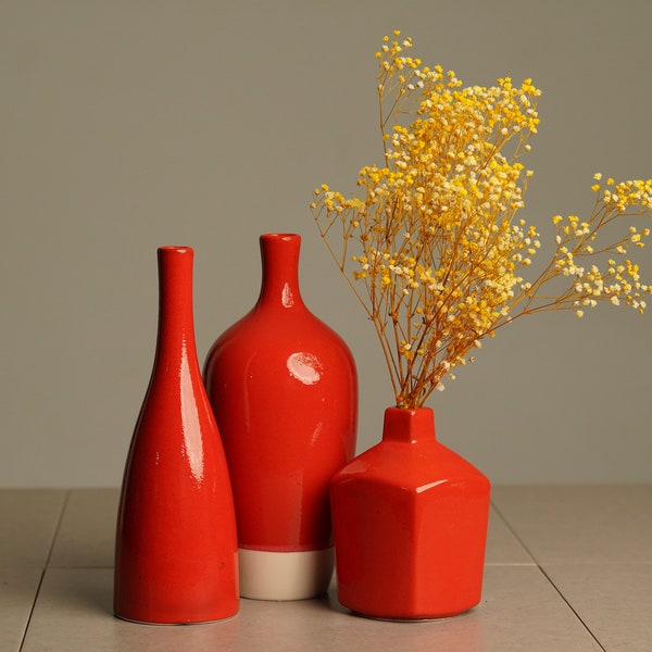 Red Ceramic Vase Set· Housewarming Gift ∙ Decorative Artisan Vase ∙ Unique Home Accents · Vase for Dried Flowers