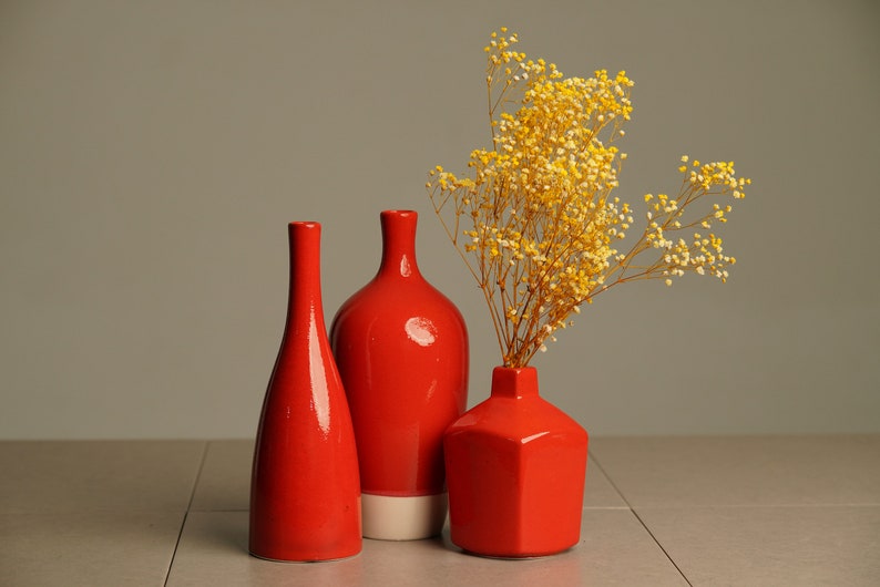 Red Ceramic Vase Set Housewarming Gift Decorative Artisan Vase Unique Home Accents Vase for Dried Flowers image 2