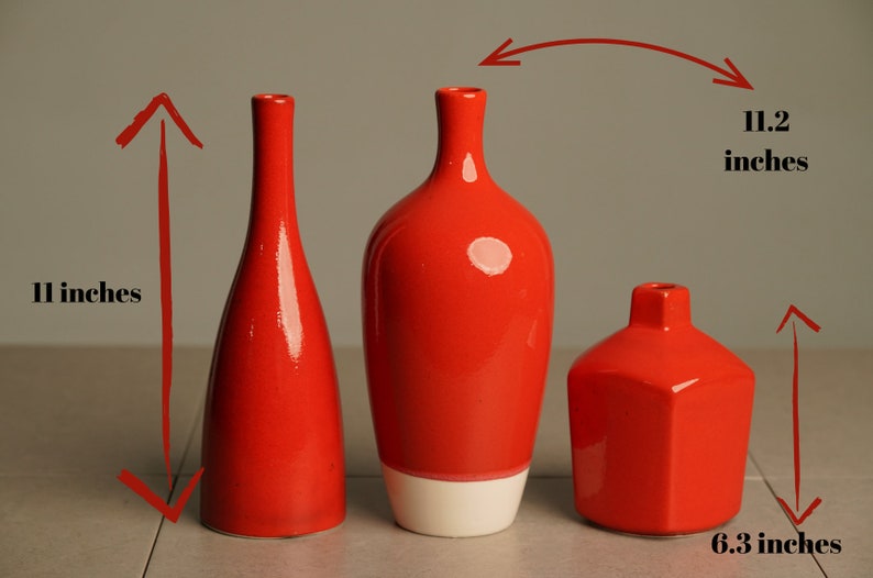 Red Ceramic Vase Set Housewarming Gift Decorative Artisan Vase Unique Home Accents Vase for Dried Flowers image 9