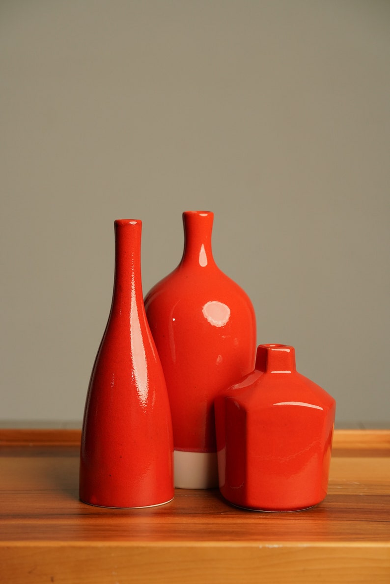 Red Ceramic Vase Set Housewarming Gift Decorative Artisan Vase Unique Home Accents Vase for Dried Flowers image 8
