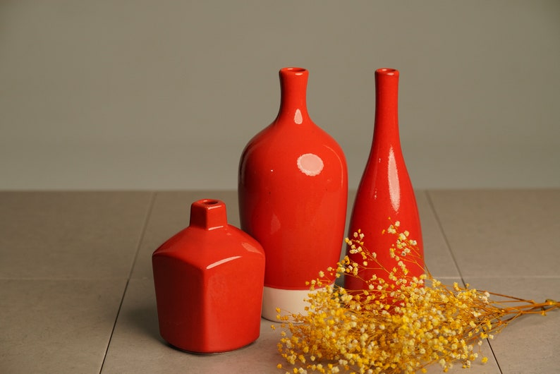 Red Ceramic Vase Set Housewarming Gift Decorative Artisan Vase Unique Home Accents Vase for Dried Flowers image 3