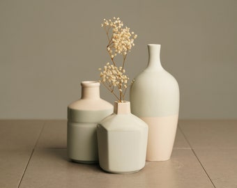 Ensemble de vases en céramique bleu et beige faits main · Décoration d'intérieur Hygge ∙ Vase décoratif artisanal · Cadeau de pendaison de crémaillère