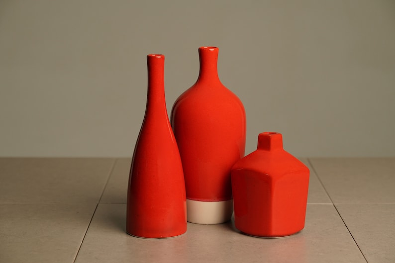 Red Ceramic Vase Set Housewarming Gift Decorative Artisan Vase Unique Home Accents Vase for Dried Flowers image 4