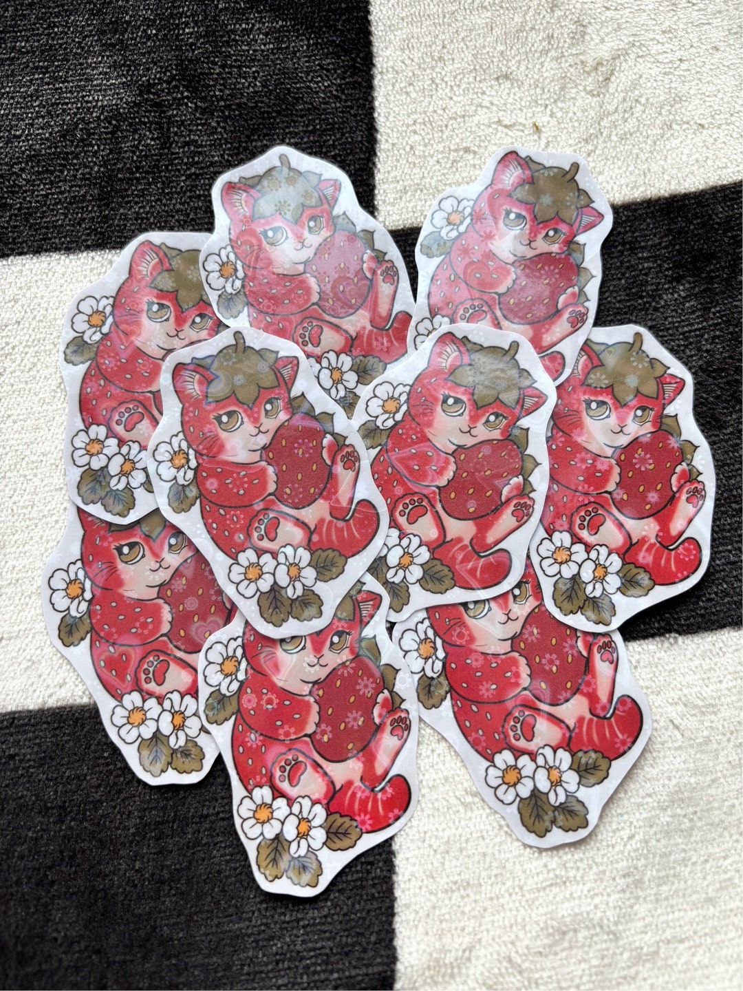 Strawberry Cat Kitty Heart Holographic Glitter Sticker - Gift ~ Kawaii ...