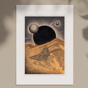 May include: A black and white illustration of a person in a desert landscape with a large black orb and two smaller orbs in the sky.