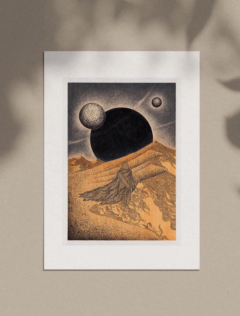 May include: A black and white illustration of a person in a desert landscape with a large black orb and two smaller orbs in the sky.