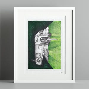Nave espacial volando en un cosmos verde, dibujo a lápiz y tinta realizado por L. Ullrich / Impresión Giclée de bellas artes de edición limitada en papel de archivo