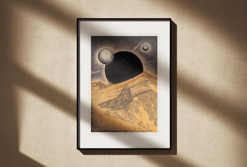 May include: A black and white illustration of a figure standing on a sand dune with a large black moon and two smaller moons in the background.