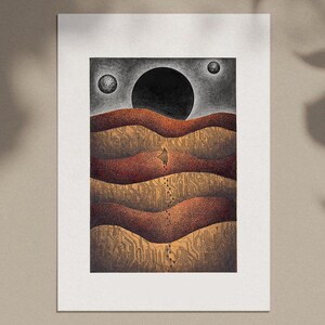 May include: A digital art print featuring a black circle with three smaller circles above it, set against a dark gray background. The bottom of the image features a series of brown, wavy lines with a circuit board pattern.