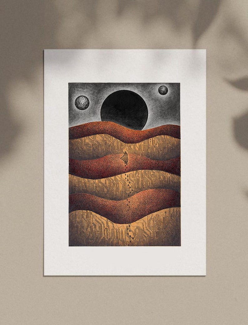 May include: A digital art print featuring a black circle with three smaller circles above it, set against a dark gray background. The bottom of the image features a series of brown, wavy lines with a circuit board pattern.