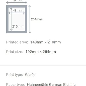 May include: A diagram showing the print size and printed area of a print. The print size is 7.56 inches by 10.04 inches and the printed area is 5.83 inches by 8.27 inches. The print type is Gicl&eacute;e and the paper type is Hahnem&uuml;hle German Etching.