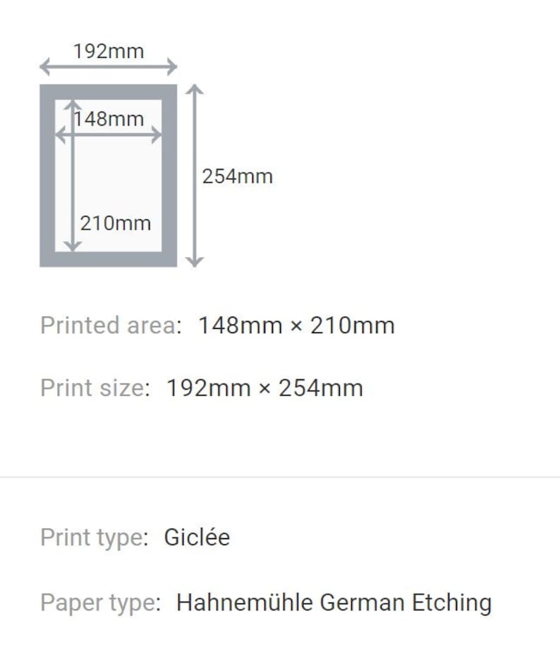 May include: A diagram showing the print size and printed area of a print. The print size is 7.56 inches by 10.04 inches and the printed area is 5.83 inches by 8.27 inches. The print type is Gicl&eacute;e and the paper type is Hahnem&uuml;hle German Etching.