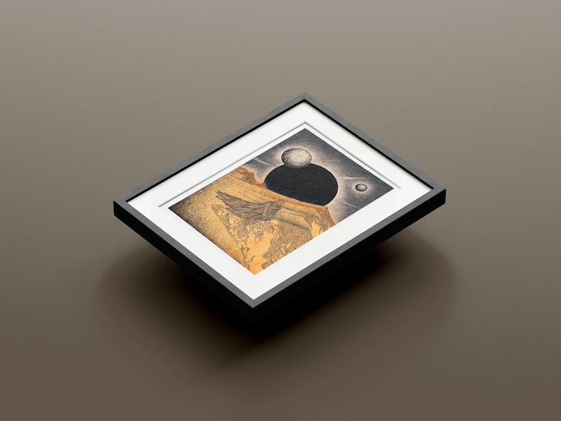 May include: A framed black and white illustration of a landscape with a large black orb and two smaller white orbs in the sky. The landscape is drawn in a detailed style with a focus on texture.