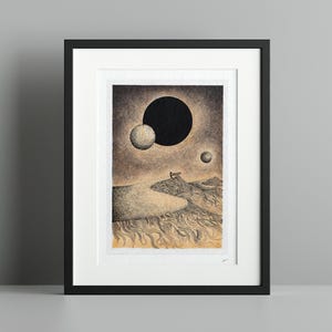 Dunes and Eclipse Sci-Fi Drawing Print / Stampa Giclée Fine Art in edizione limitata / Arte su carta d'archivio di L. Ullrich / Illustrazione disegnata a mano