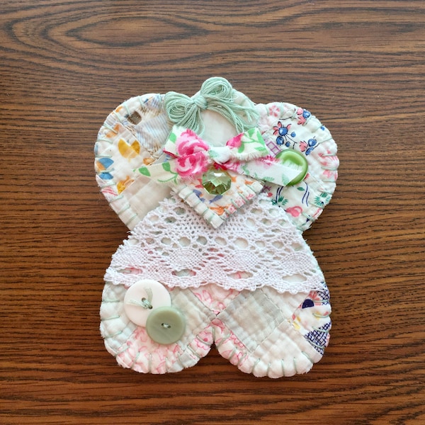 Quilted Heart Angel, Ornamental Package Tag, Gift Card Message Pocket,  Swarovski Crystal August  Birthday, Made from Repurposed Quilt