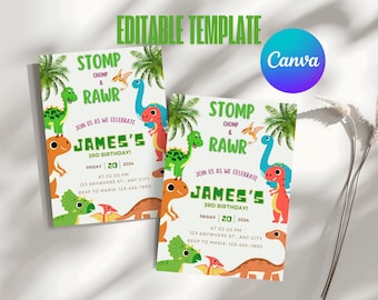Dinosaur Birthday Invitation: Stomp, Chomp & Raw, Dinosaur Birthday Invitation, Editable Canva Template, Stomp Chomp Rawr Dino Invite