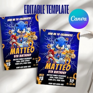 Convite de aniversário editável do Sonic | Modelo de convite para festa do ouriço para impressão | Convite para menino e menina | Convite para download instantâneo