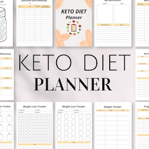 Op de afbeelding: Een verzameling afdrukbare keto-dieetplanners met verschillende volgpagina's. Bevat een gewichtsverliespot, een voedings- en emotielogboek, jaarlijkse mijlpalen, een workouttracker en een keto-vriendelijke voedingslijst. De hoofdtitel luidt "KETO DIET PLANNER".