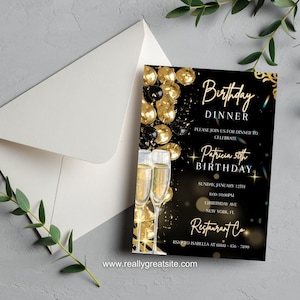 Editable Birthday Dinner Invitation Template, Black Tie Glam Invite, Animated Black Golden Diamond Evite For Men & Women, Self Editable Card