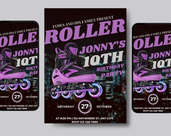 Pode incluir: Um patins roxo e preto com rodas verde neon. O patins está sobre um fundo preto com um horizonte da cidade no fundo. O texto "Roller Jonny's 10th Birthday Party" está na imagem. O texto "Sábado, 27 de outubro, 20:30 | 123 Anywhere St, Any City. RSVP 123-456-7890" também está na imagem.