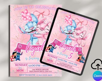 Stitch and Angel Geburtstagseinladung: Bearbeitbare Canva-Vorlage (Digitaler Download)