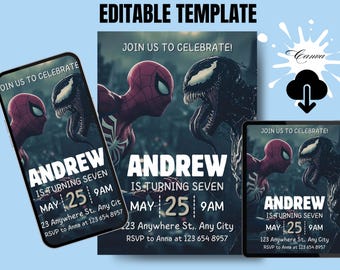 Superhero Birthday Invitation: Spider-Man & Venom, Spider-Man vs Venom Birthday Invitation, Editable Canva Template, Digital Download