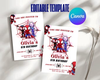May include: Editable template for a birthday invitation featuring a Spiderman theme. The invitation has a red and blue colour scheme with a web design and the text "You are invited to Olivia's 5th Birthday".