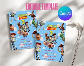 Toy Story-verjaardagsuitnodiging: bewerkbare kinderfeestuitnodiging, Toy Story-verjaardagsuitnodiging, bewerkbare sjabloon Woody Buzz (digitale download)