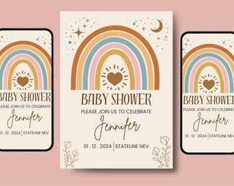 Boho Rainbow Baby Shower Invitation: Boho Rainbow Baby Shower Invitation, Editable Template, Neutral Digital Download, Celestial Arch Invite