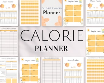 May include: A collection of printable calorie and macro planners with a soft yellow and white color scheme. The pages include sections for daily food tracking, calorie references, and macro trackers. The title "CALORIE PLANNER" is prominently displayed.
