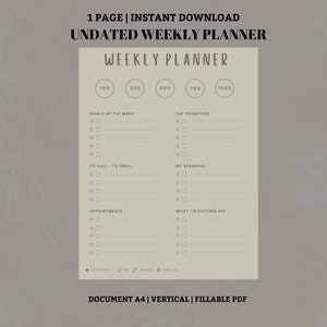 Peut inclure: Un planificateur hebdomadaire imprimable avec des sections pour les objectifs, les priorités, la liste des choses à faire, les dépenses, les rendez-vous et les choses à remettre à plus tard. Le planificateur n'est pas daté et a un fond beige avec du texte noir.