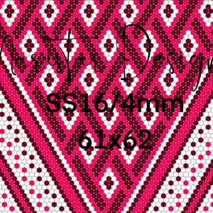 Pode incluir: Um design de contas com padrão geométrico rosa e bordô com o texto "SS16/4mm 61x62".