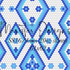 May include: A blue and white geometric pattern beading design with the text "Maristar Designs SS16/4mm 20oz skinny 61x62".