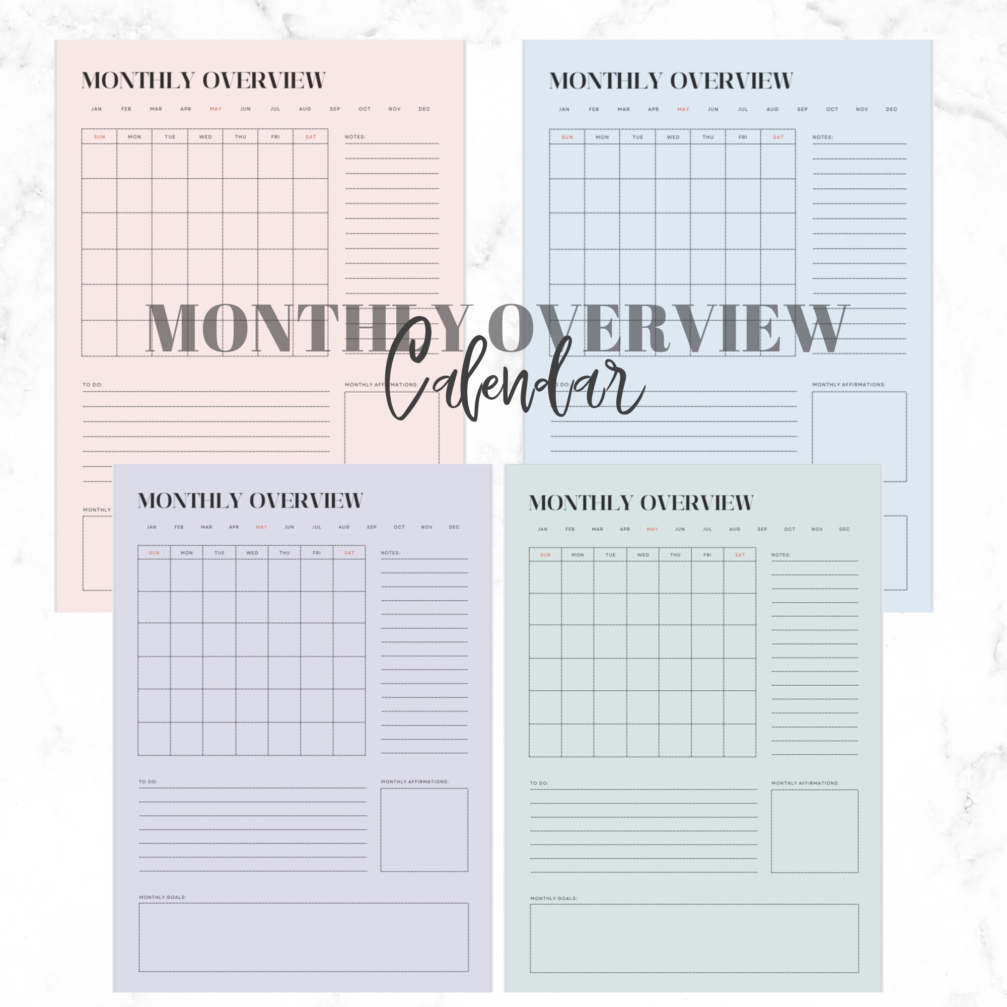 Monthly Overview Printable and Fillable Calendar printable - Etsy