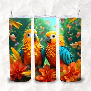 3D Parrot Tumbler Wrap Parrot Paper Craft Sublimation Designs 20oz Skinny Tumbler Birds Tumbler Sublimation Love Birds png Design Template