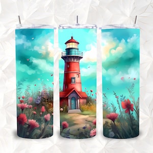 Lighthouse Tumbler Wrap, Lighthouse Cartoon Painting 20oz Sublimation Design, Skinny  an Straight Flowers Tumbler Design