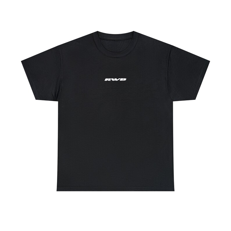 May include: Black t-shirt with the white text "RWB" centered on the chest. The short-sleeved shirt is made of a soft material and has a crew neck.