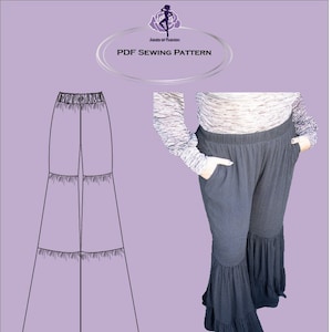 May include: A black and white line drawing of a pair of wide-leg pants with a ruffled hem. The pants have a waistband and pockets. The drawing is on a purple background. The text "PDF SEWING PATTERN" is at the top of the image. The text "XXS - XS - S - M - L - XL - XXL - XXXL" is at the bottom of the image. The text "Layered PDF - A4/Letter - A0/copyshop" is also at the bottom of the image.